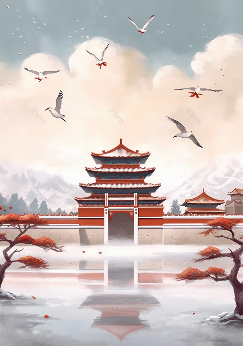 冬季倒影大寒寒冷下雪天城楼古代建筑飞鸟红色古典传统风景水墨插画,插画/手绘图,插画/手绘图库,插画/手绘图下载,插画/手绘
